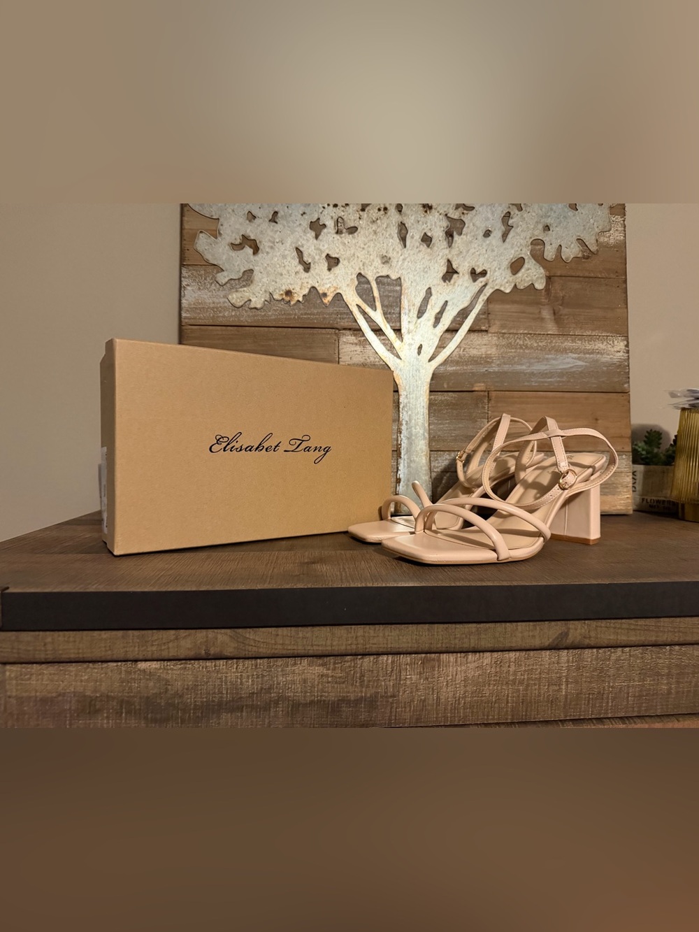 Elisabet Tang Square Open Toe Strappy Ankle 3" Block Heel Sandals in Nude 9
